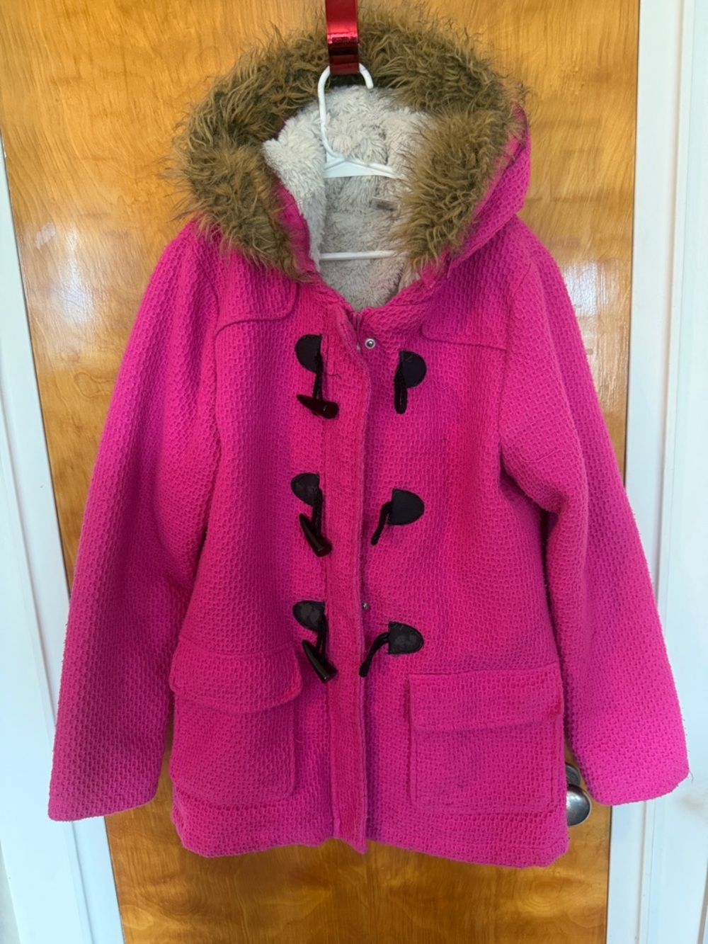 Kids Cozy Hooded Toggle Coat in Bright Pink